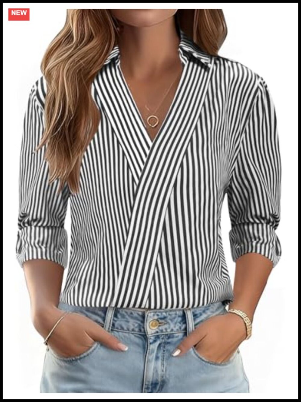 Womens 3/4 Sleeve V Neck Collared Dressy Blouse Cotton Blend Business Casual Top